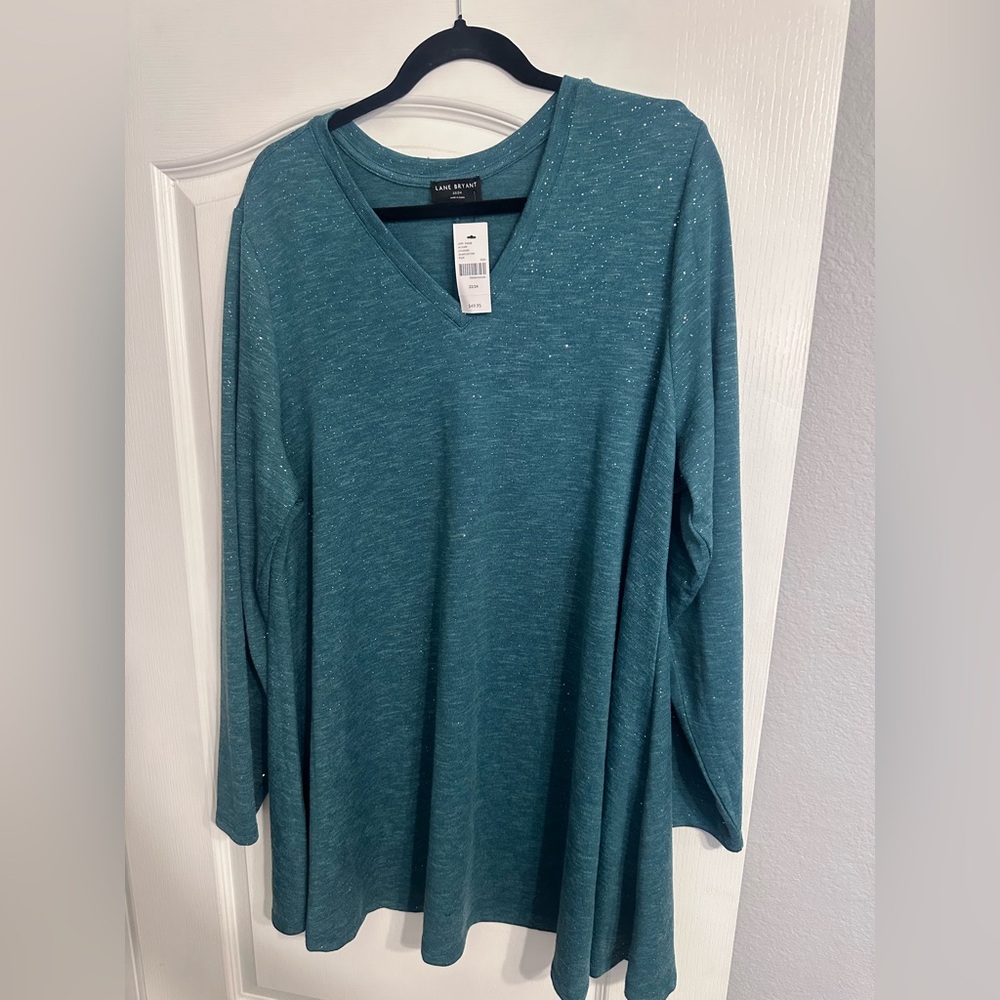 Lane Bryant Teal Sparkle V-Neck Top